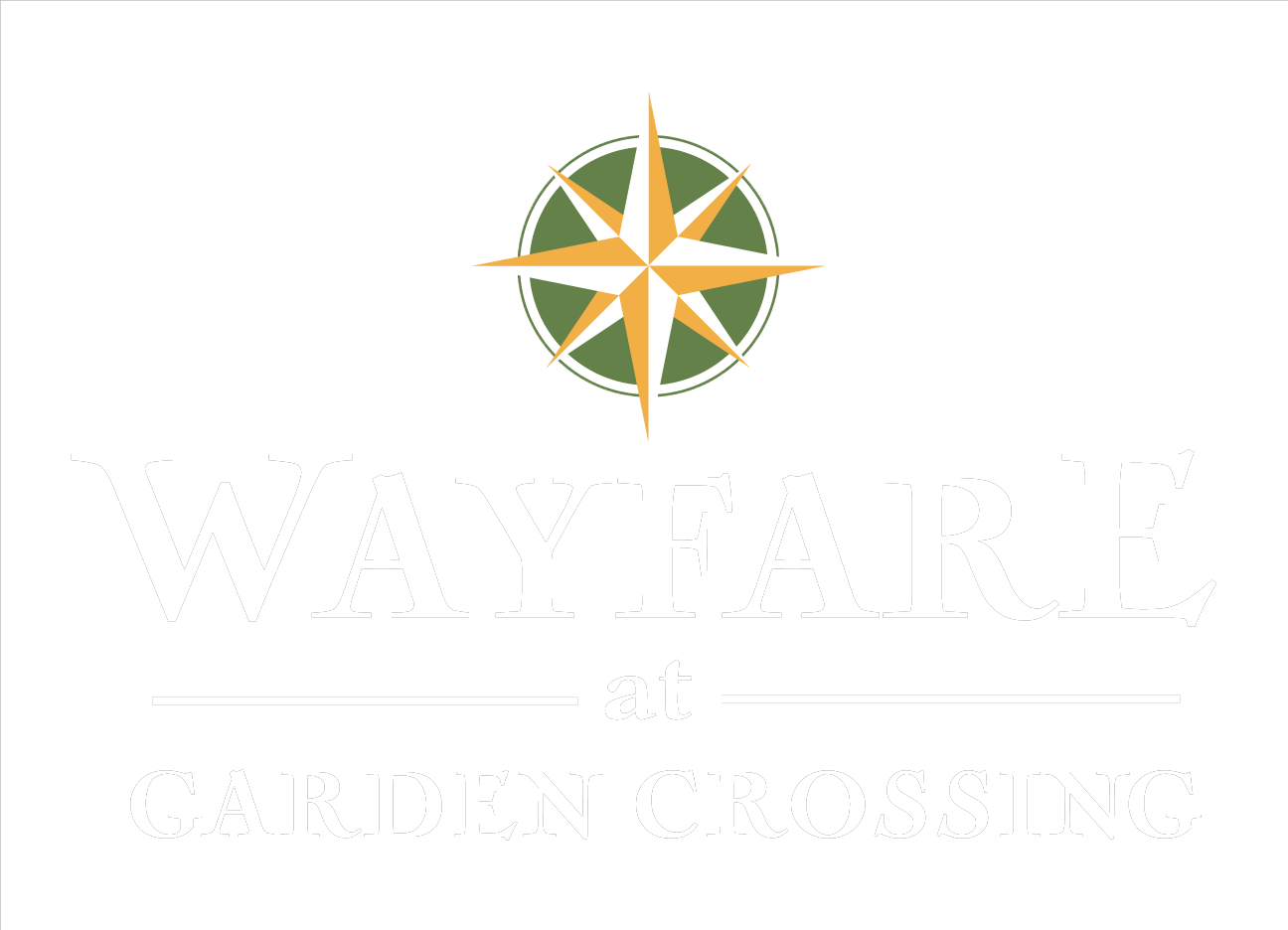 logo with a compass and the words wayfair at garden crossing